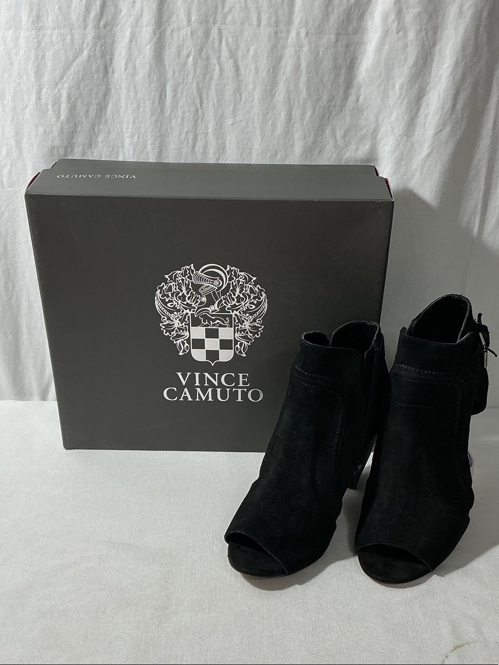 Vince Camuto Black Suede Peep-Toe Ankle Booties with Side Zip